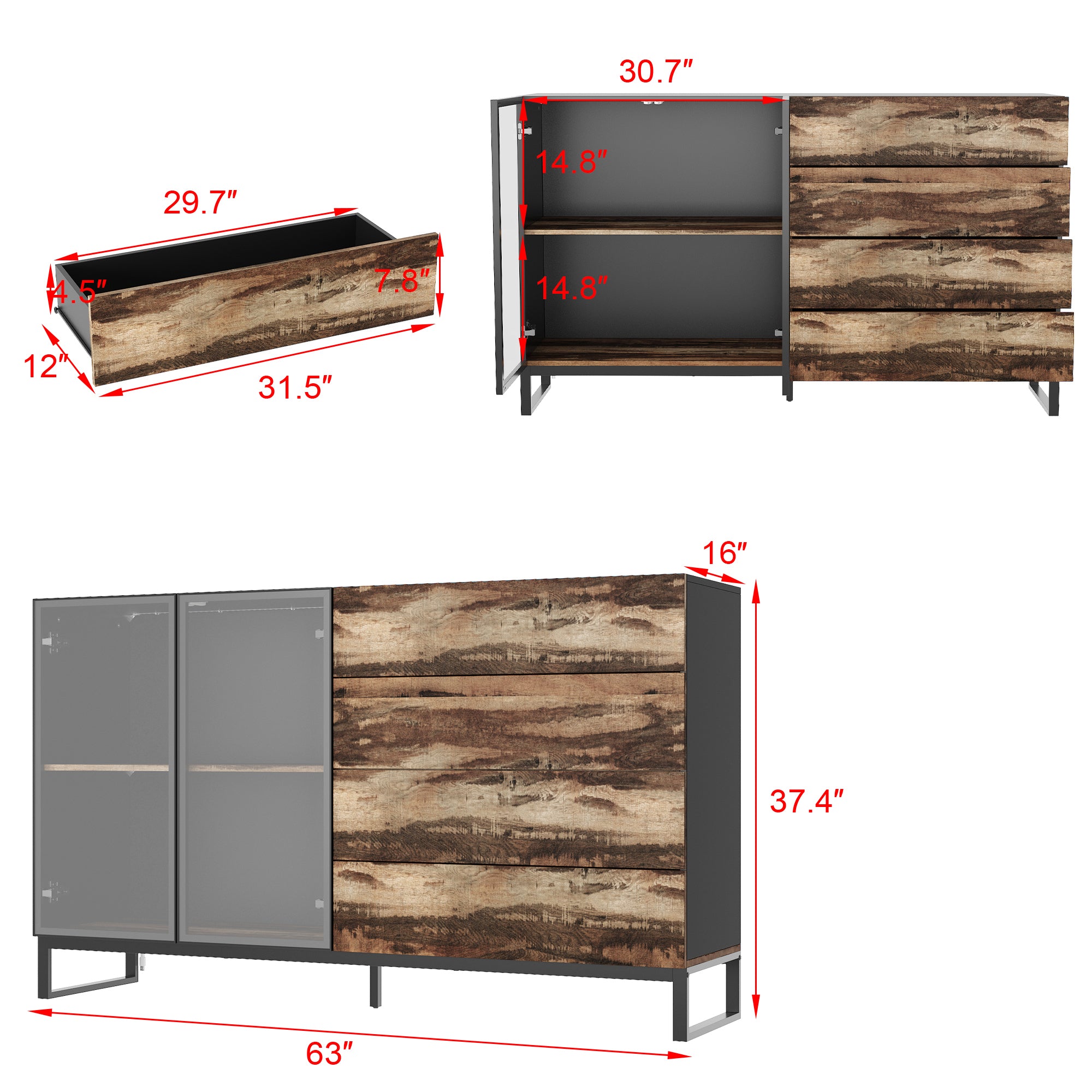 63" W Sideboard Cabinet Buffet Storage Cabinet
