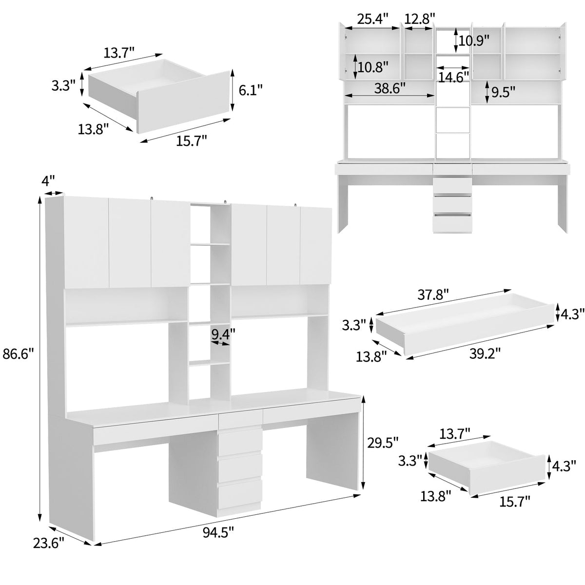 94.5" Modern White Desk with Hinged Doors and Pull-out Drawers