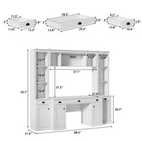 88.5" White 4-Piece Modular Entertainment Wall Unit with Writing Desk, Open Bookcase Shelves & Closed Storage Cabinets