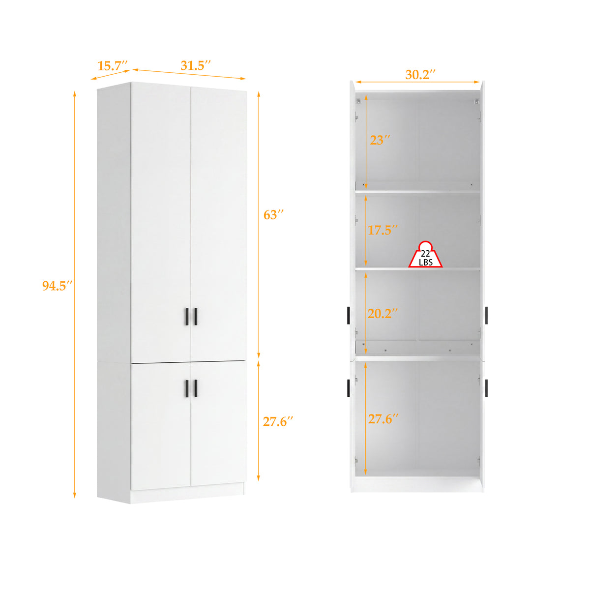 31.5" White Engineered Wood Tall 4-Door Garage Storage Cabinet with Adjustable Interior Shelves