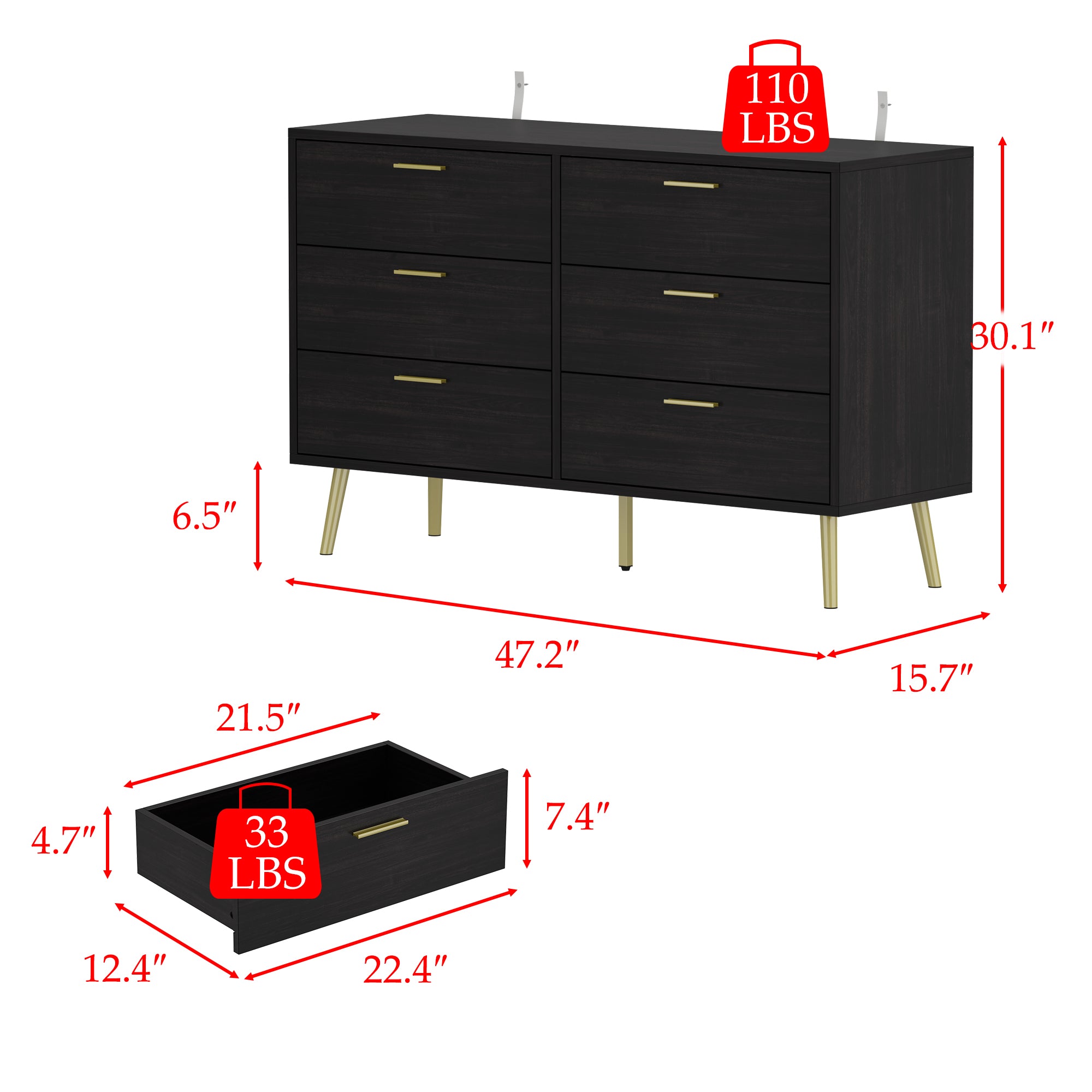 Modern Sideboard Double Dresser with 6 Drawers