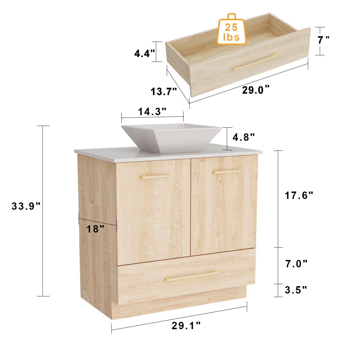 29.9" Modern Oak Bathroom Vanity Cabinet with White Stone Vessel Sink