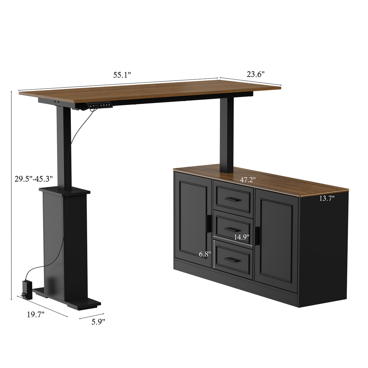 55.1" Rustic Wood L-Shaped Electric Height Adjustable Standing Desk with 3 Drawers and Side Storage Cabinet