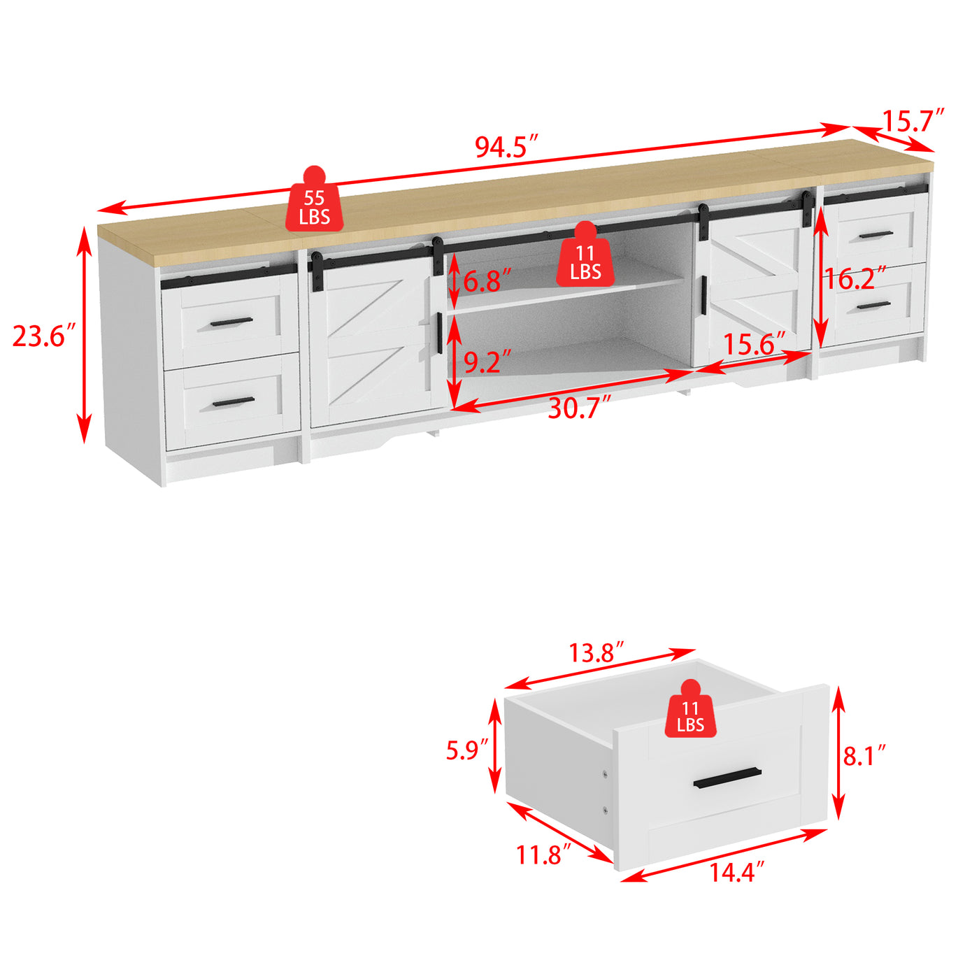 94.5" Modern White Extra Long Barn Door TV Stand with 4 Drawers, Sliding Doors and Adjustable Shelves