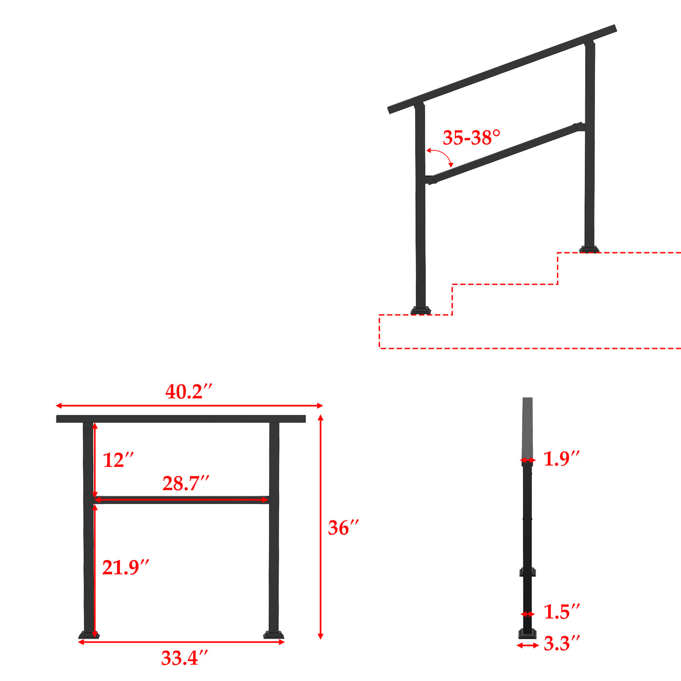68.5" Modern Matte Black Stair Banister (Set of 3)