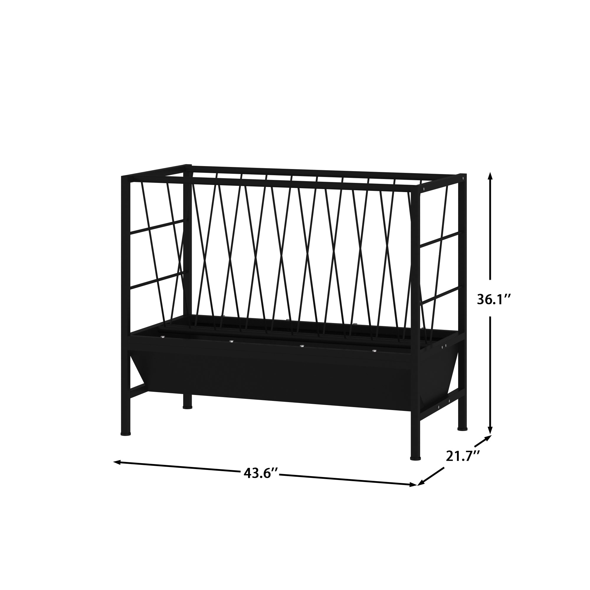Black metal planter box with dimensions on a white background