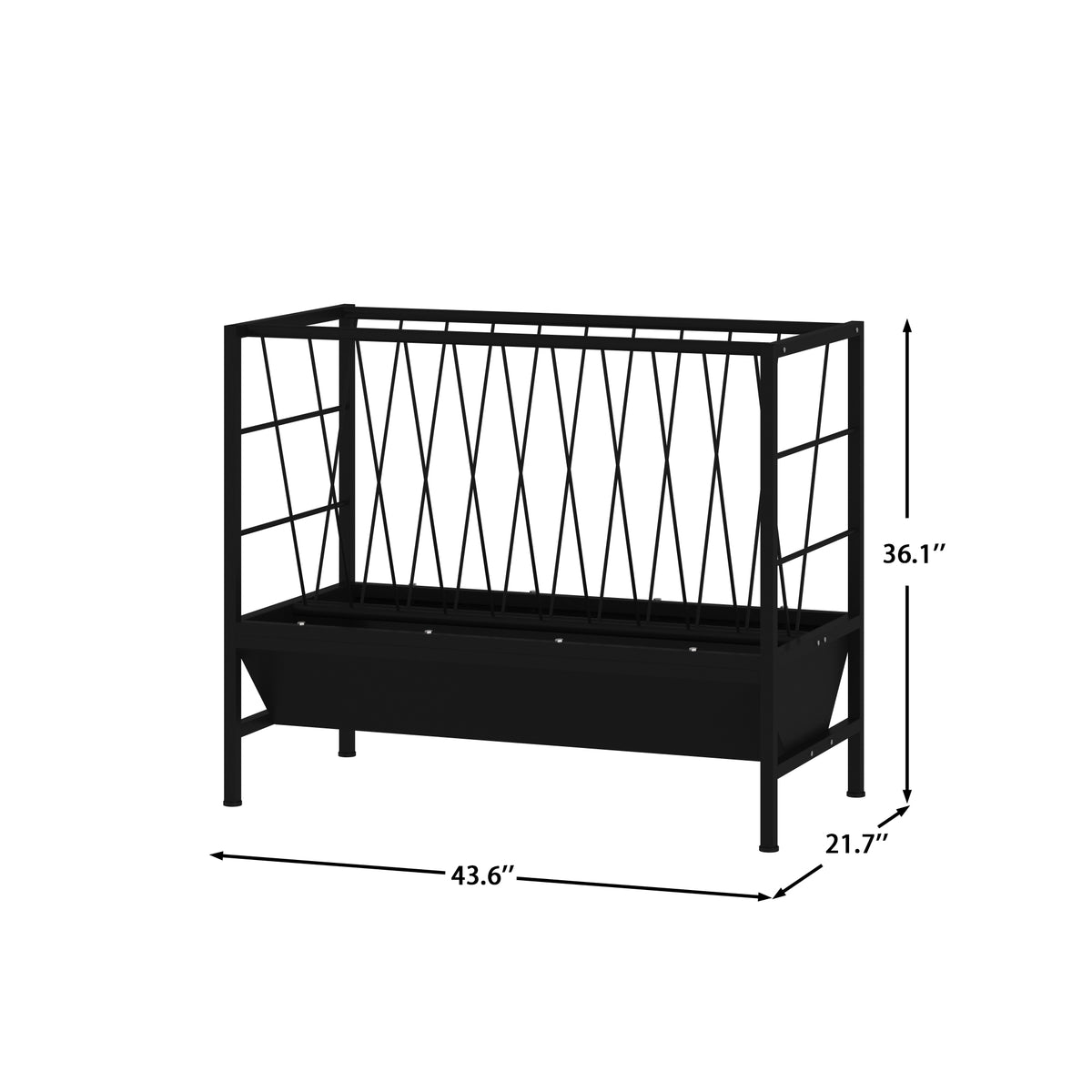 Black metal planter box with dimensions on a white background