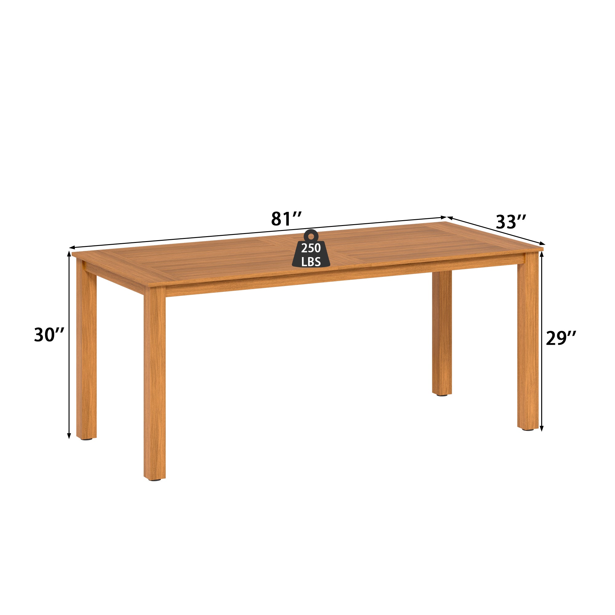 Wooden table with dimensions and weight capacity indicated on a white background