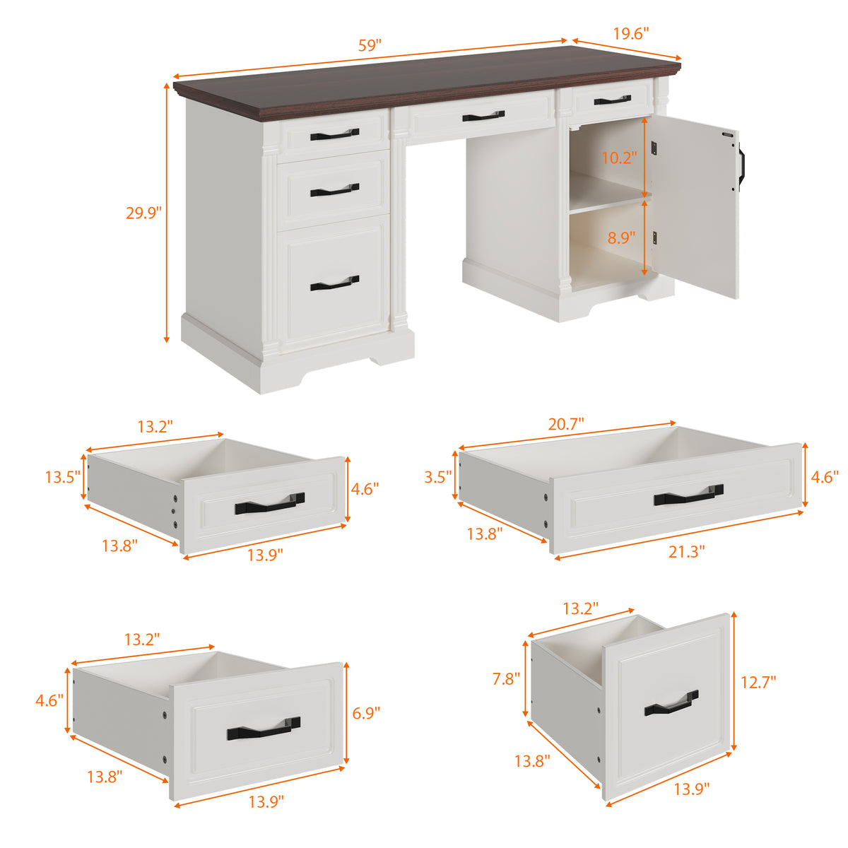 59" Traditional Walnut & White Computer Desk with 5 Drawers