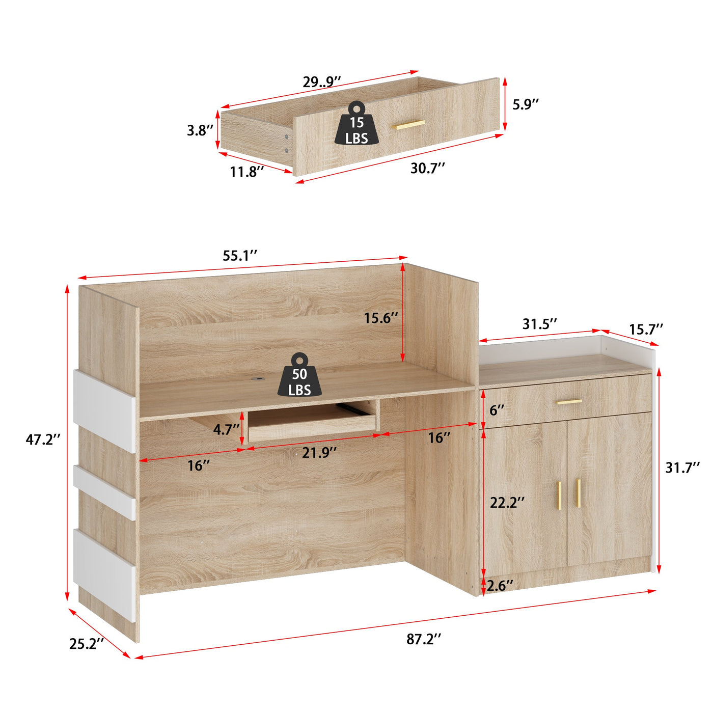 87.2" Modern Minimalist Natural Reception Desk With Drawer And Keyboard Tray