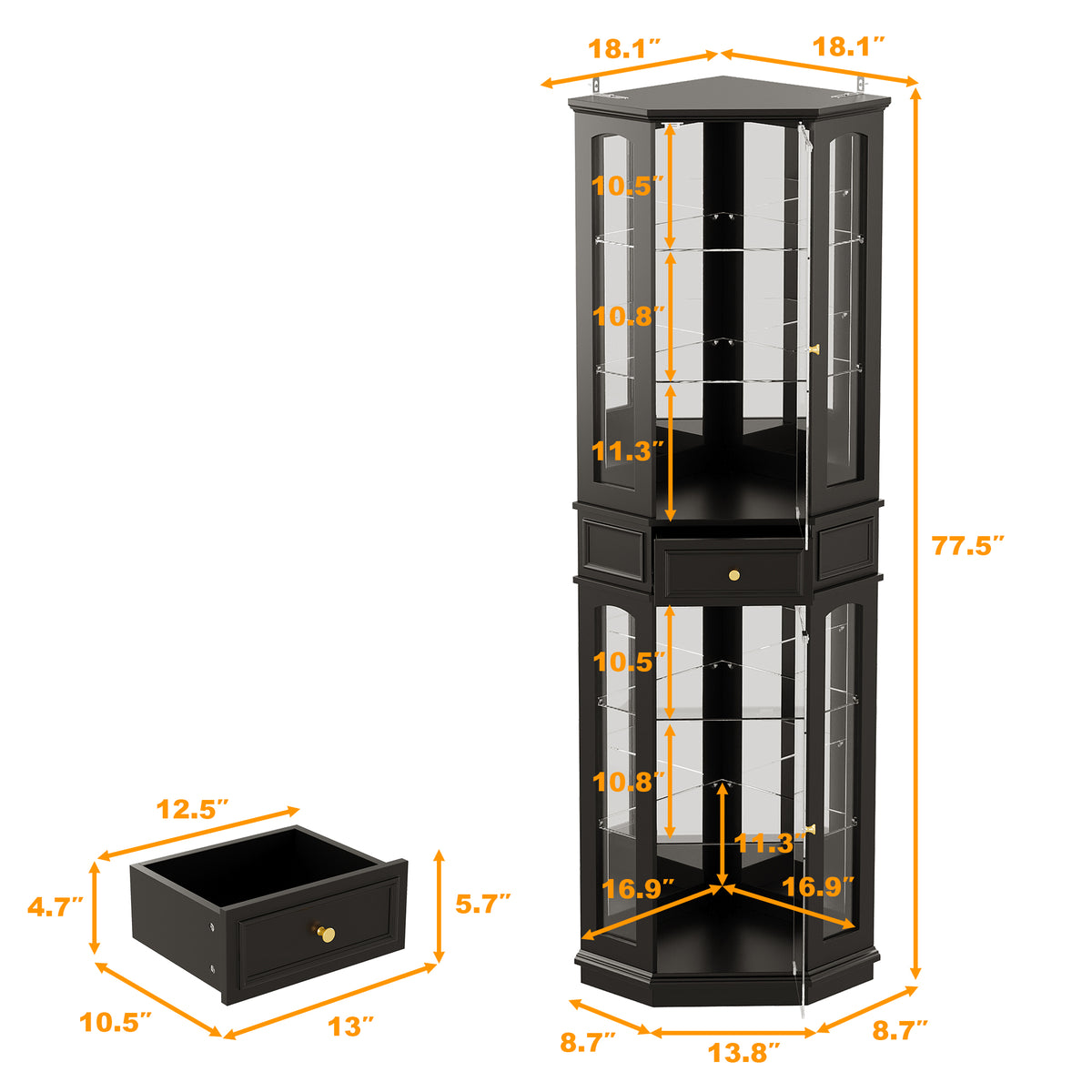 Black corner display cabinet with dimensions on a white background