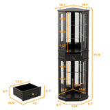 Black corner display cabinet with dimensions on a white background