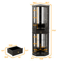 Black corner display cabinet with dimensions on a white background