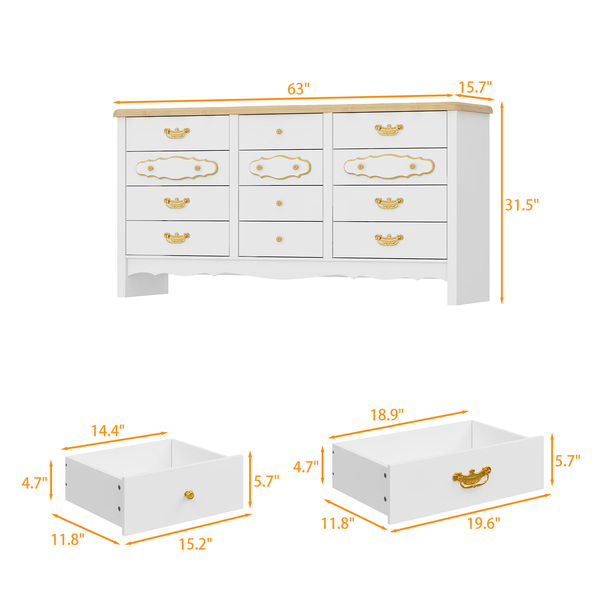 47.2" Elegant White 12-Drawer Accent Chest with Gold Handles