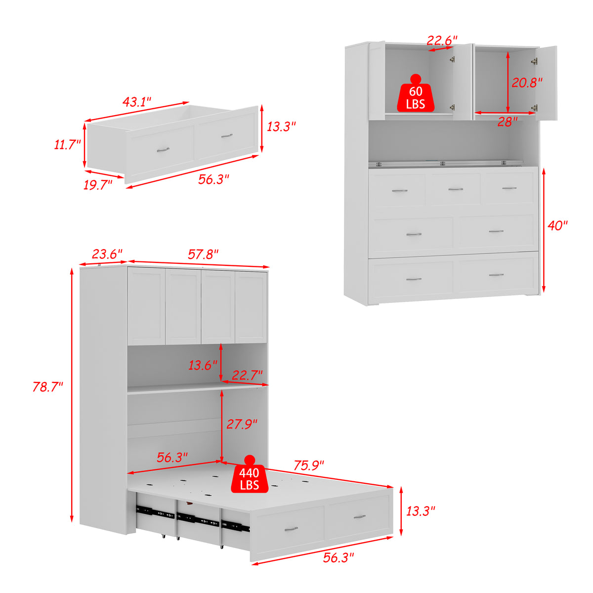 57.8" Modern White Storage Bed with Socket, view 6