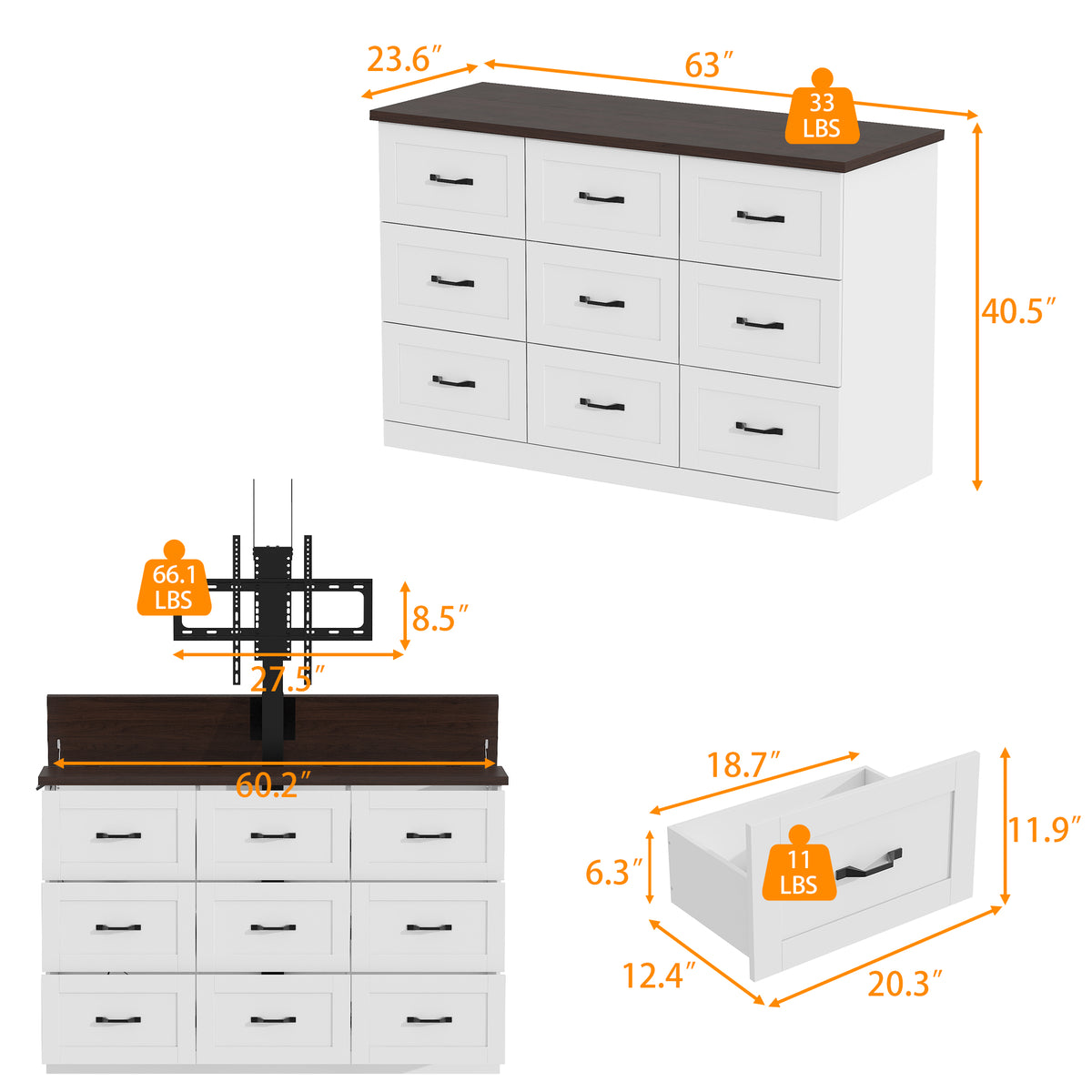 63" Modern White TV Stand Dresser with Hidden TV Lift & 9 Drawers