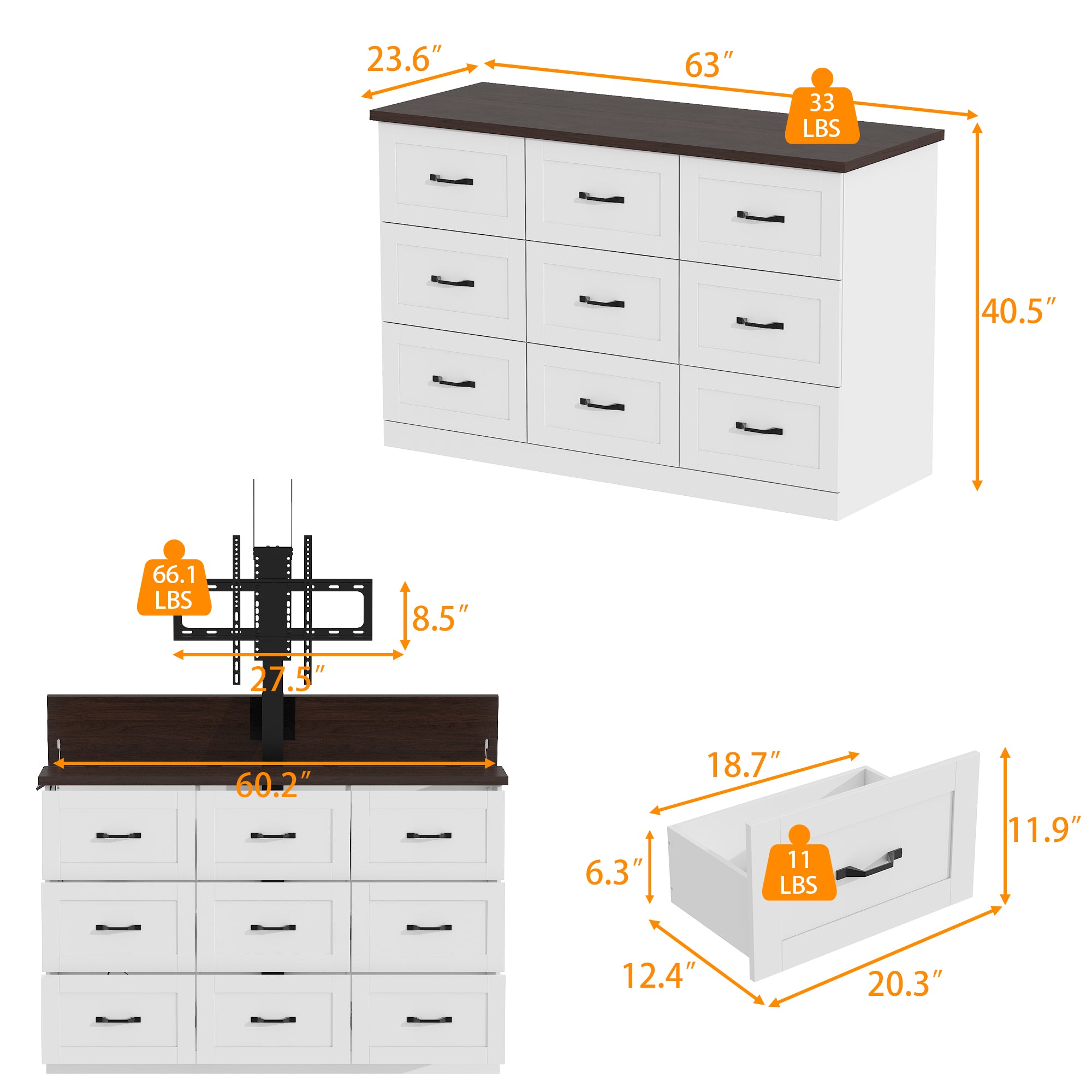 63 inch Modern White TV Stand Dresser with Hidden TV Lift & 9 Drawers