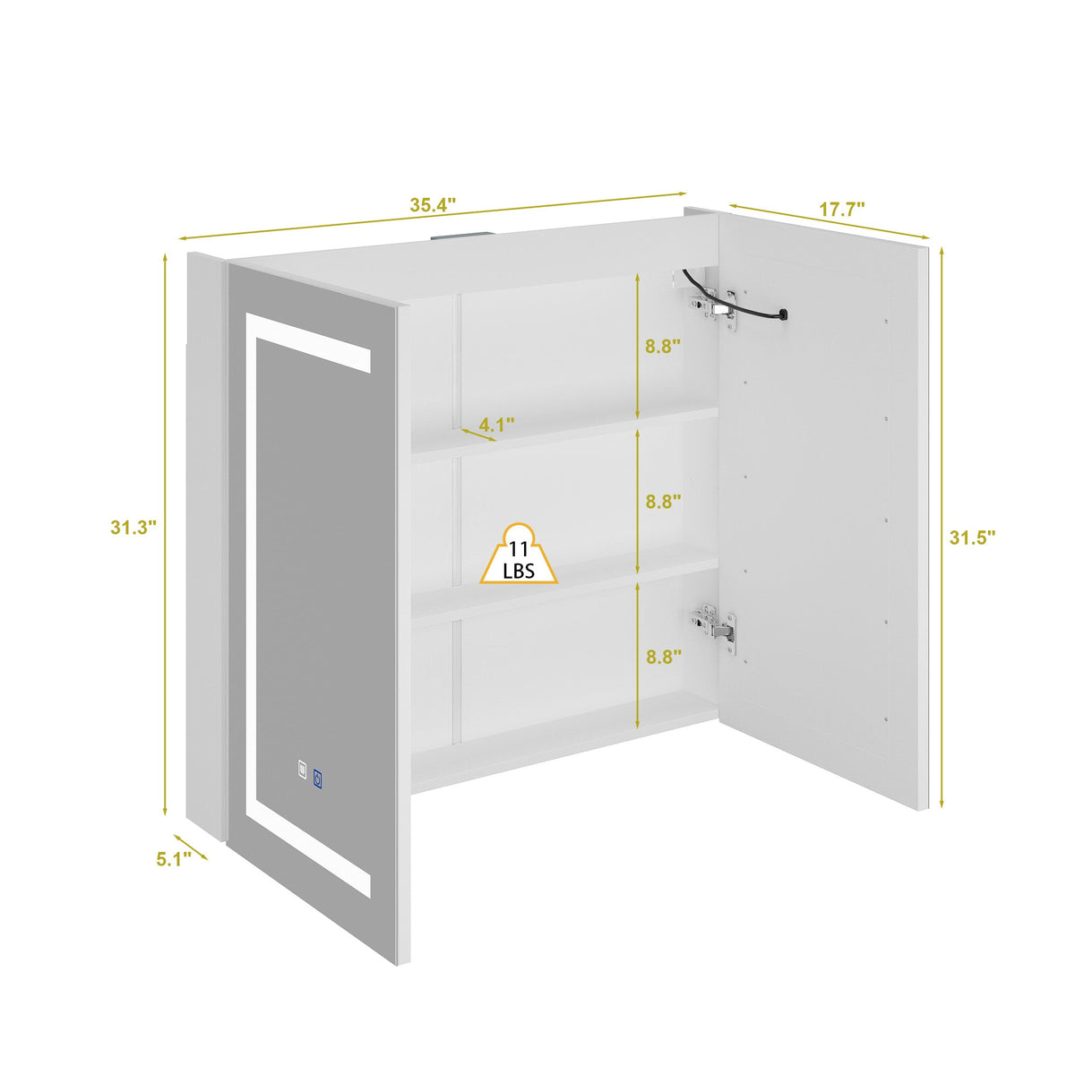35.4 inch Modern Frameless Medicine Cabinet with Mirror and 3 Shelves