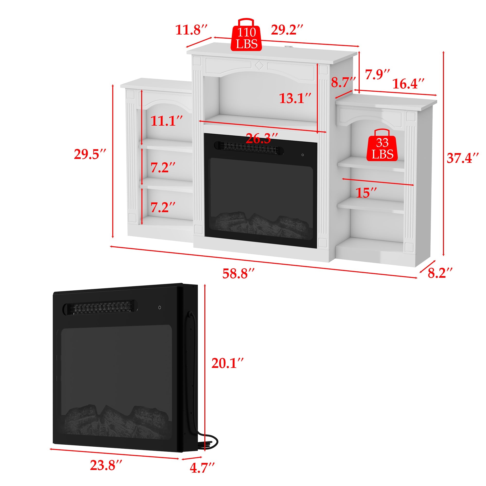 59'' W White Fireplace Heater TV Stand With Open Shelves & Timer
