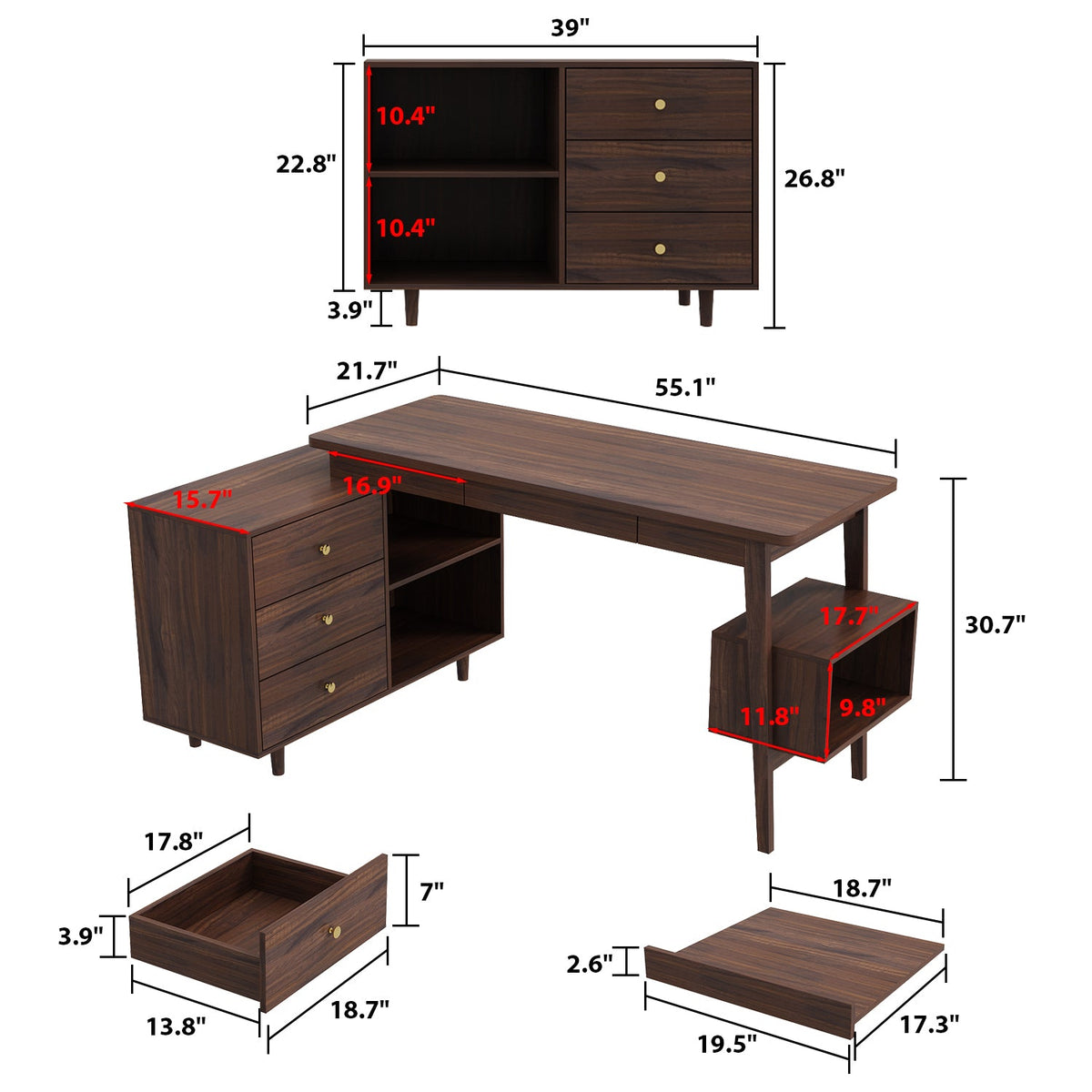 55.1" Mid-Century Modern Brown L-Shaped Home Office Computer Desk with 3 Drawers and Wood Legs