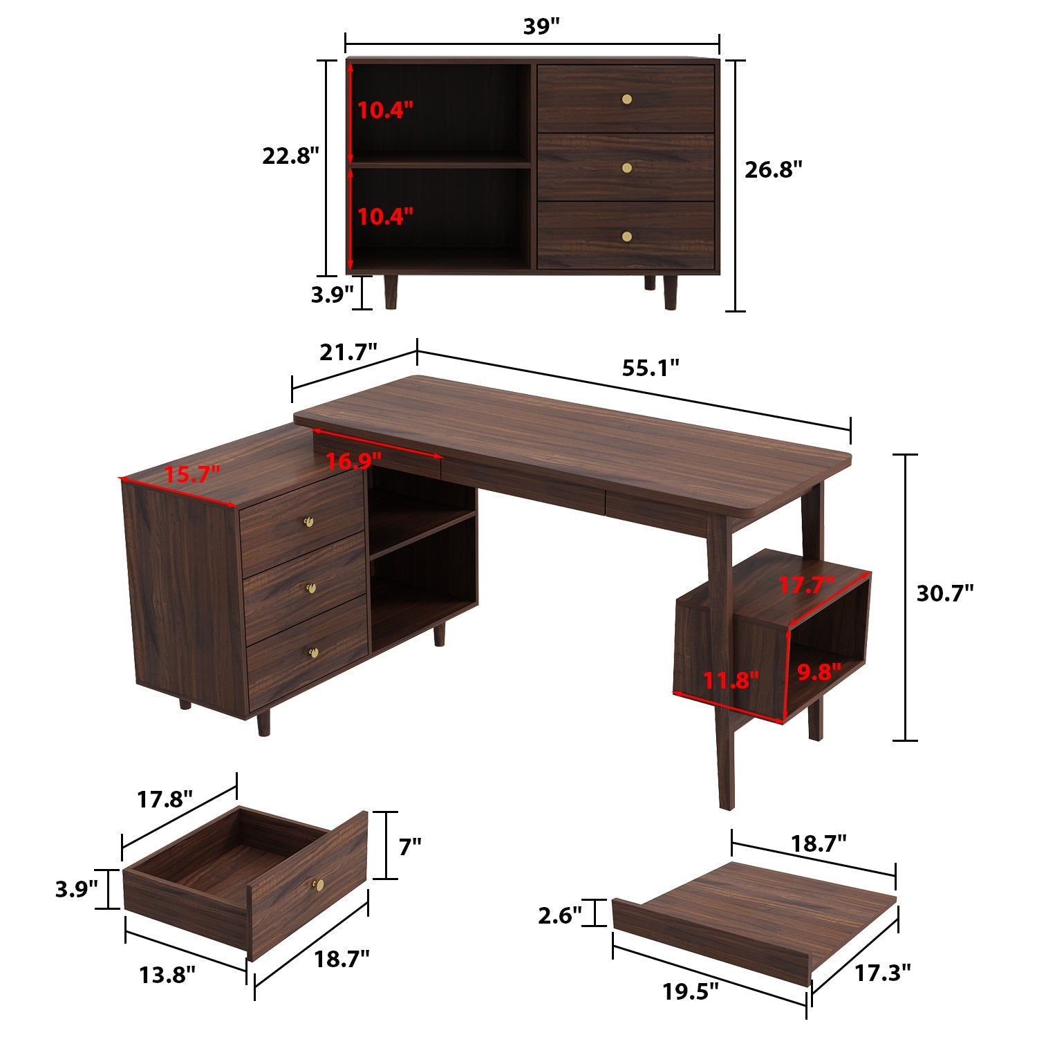 55.1 inches Mid-Century Modern Brown L-Shaped Home Office Computer Desk with 3 Drawers and Wood Legs
