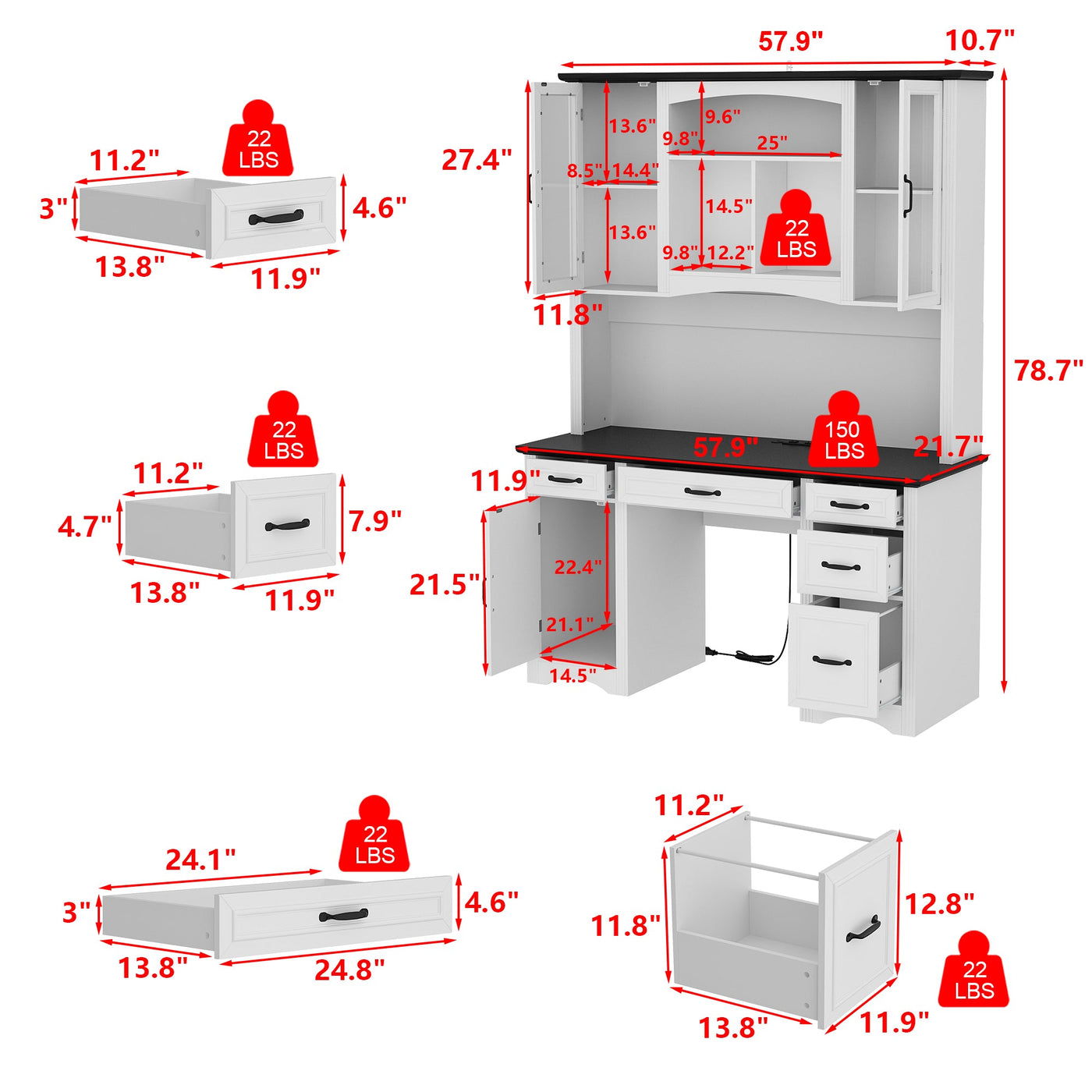 58" Farmhouse White Computer Desk With 6 Drawers, Hutch And Socket