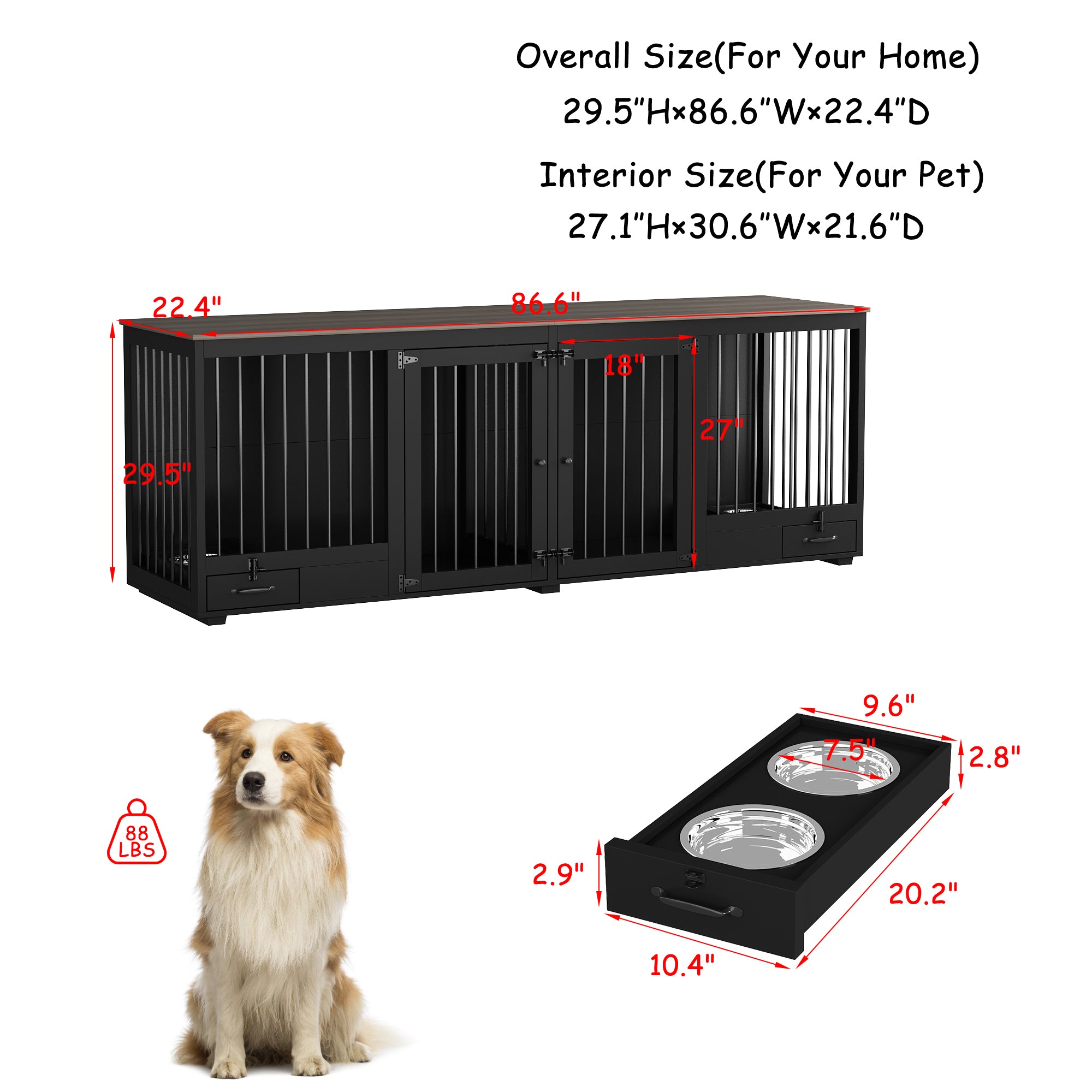 Large Dog Crate Furniture With Pull-Out Dog Bowls And Divider