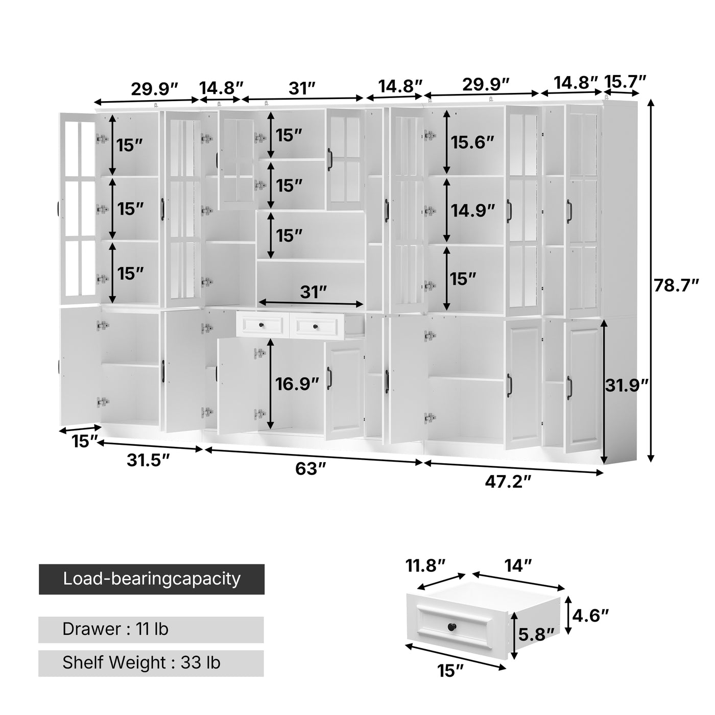 Sofna 141.7" Extra Wide White Filing Storage Cabinet with 9 Glass Doors and 2 Drawers