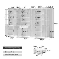 Sofna 141.7" Extra Wide White Filing Storage Cabinet with 9 Glass Doors and 2 Drawers