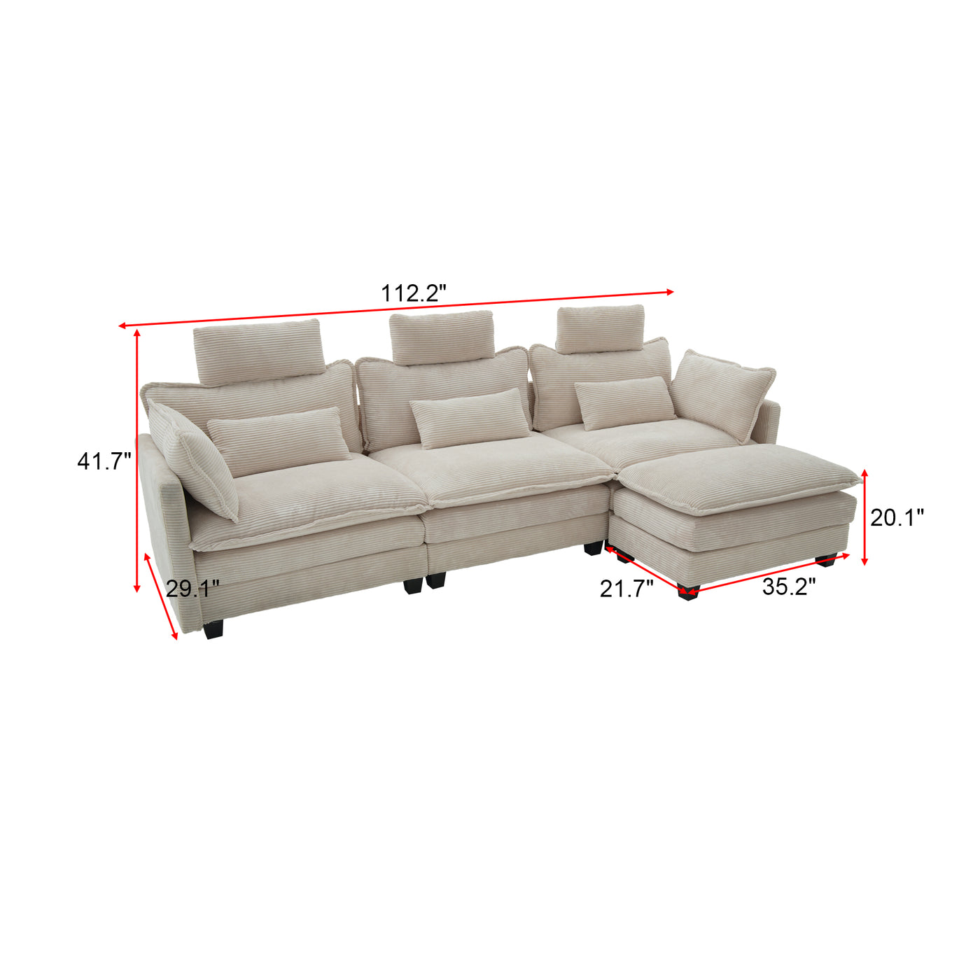 112" L-Shaped Modular Sectional Sofa with Ottoman and Pillows