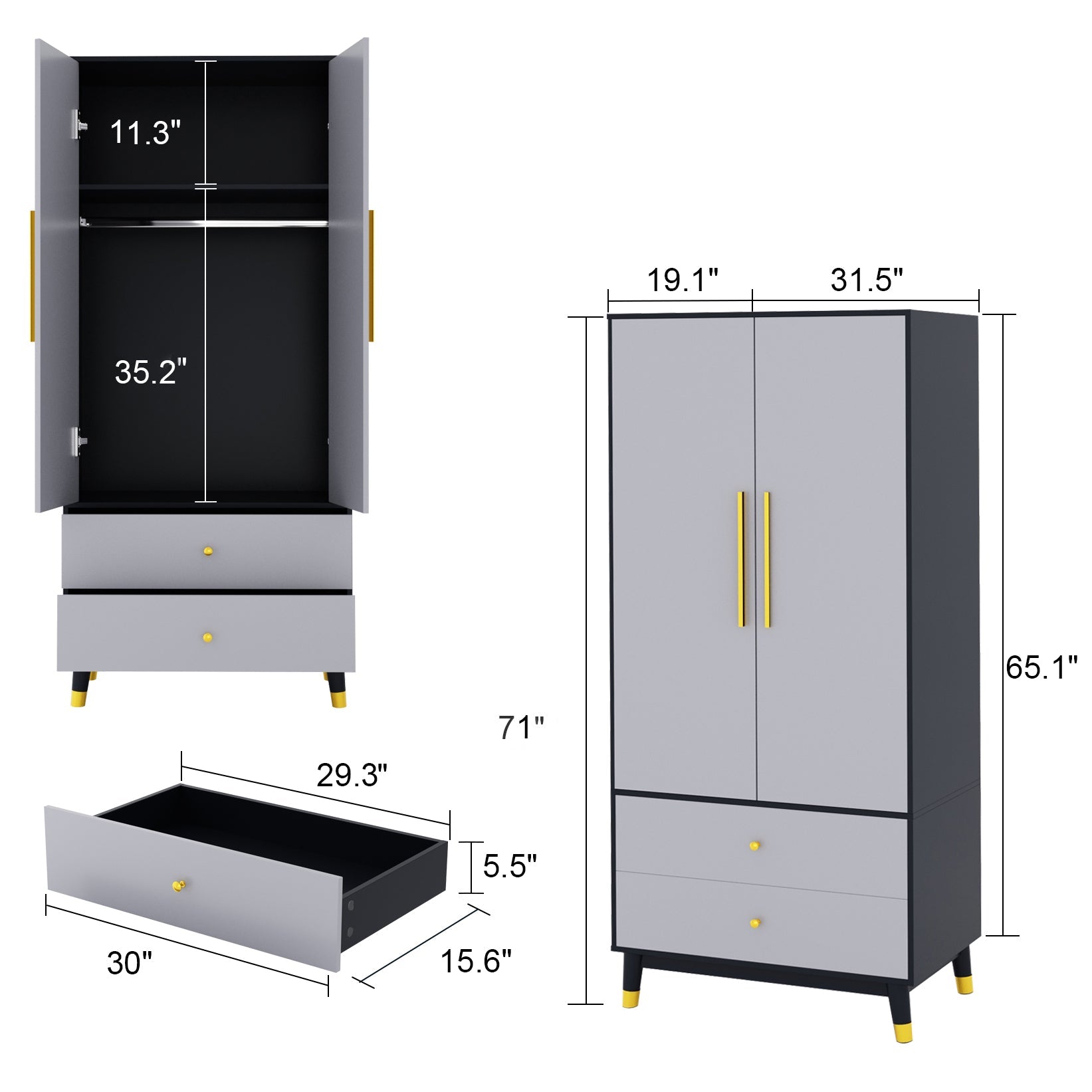 Armoire Modern Large Storage Closet 2-Door 2-Drawer