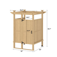 Wooden outdoor storage shed with dimensions labeled on a white background