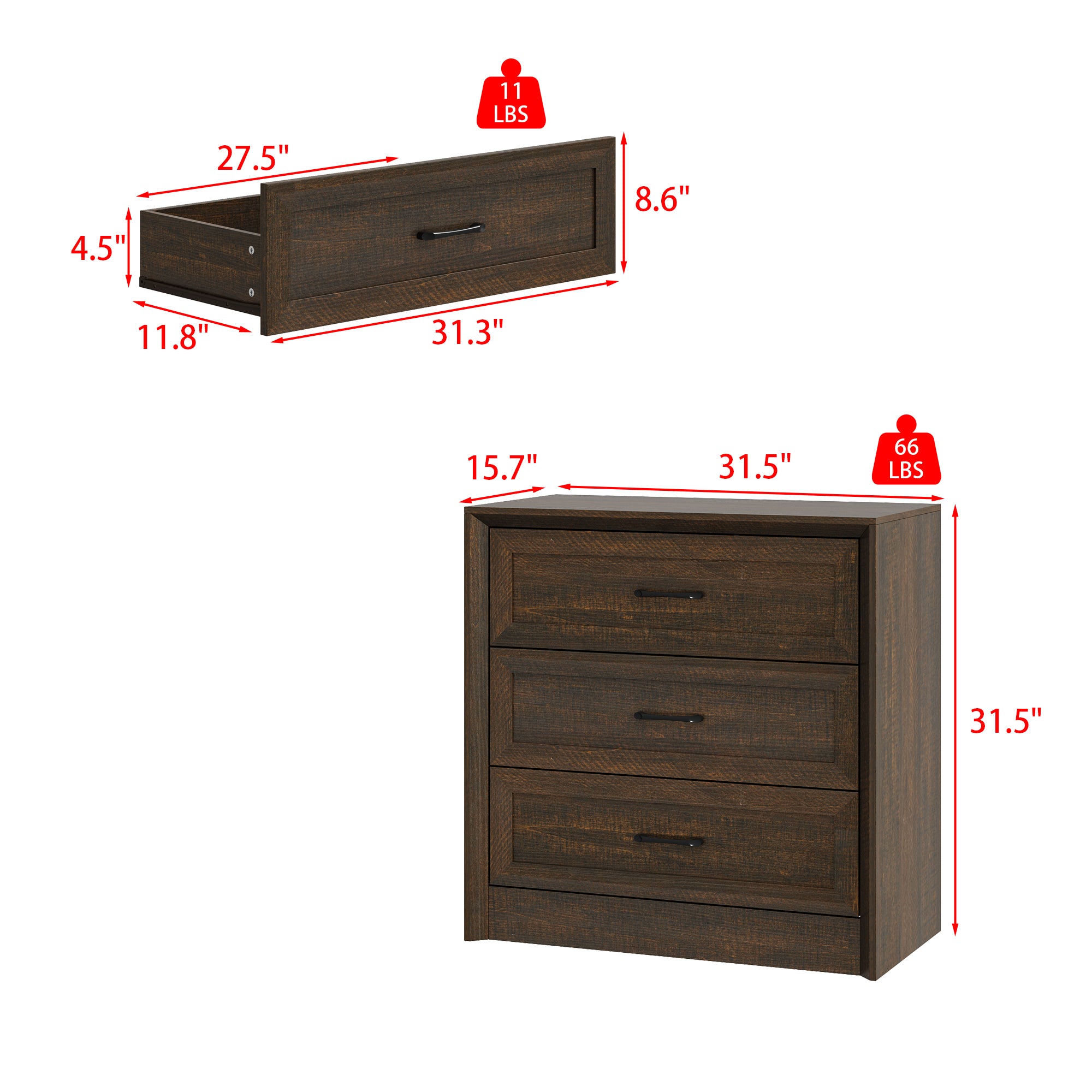 3-Drawer Nightstand With Wood Grain Finish