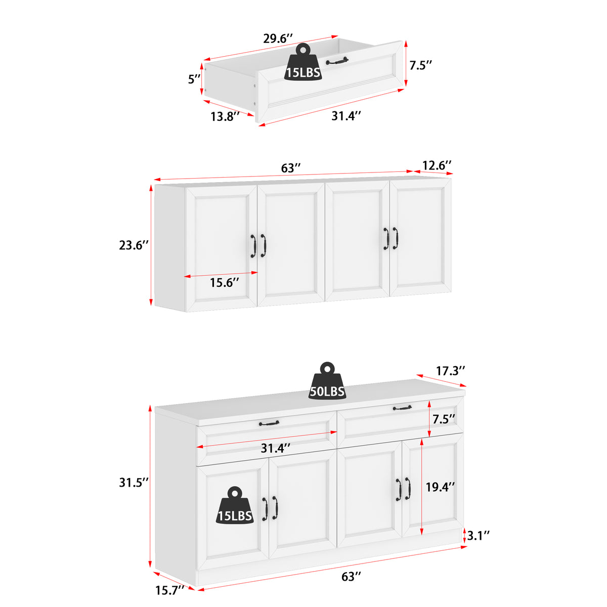 63 inch Modern White Kitchen Pantry Cabinet with 8 Doors, 2 Drawers & Large Central Worktop