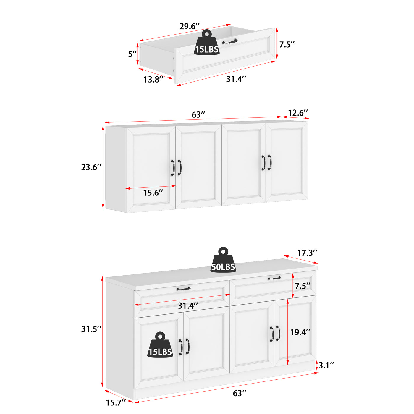63" Modern White Kitchen Pantry Cabinet with 8 Doors, 2 Drawers & Large Central Worktop