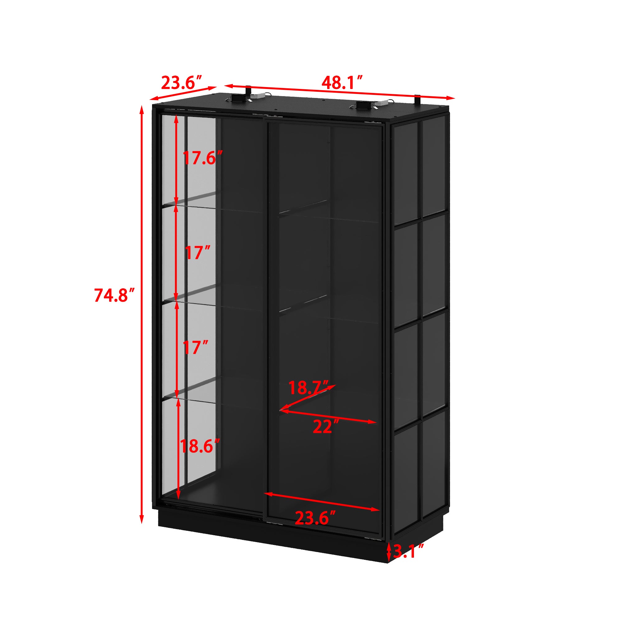 75'' H X 48'' W x 23.6'' D 4-Tier Display Cabinet Bookcase With Glass Doors And LED Light
