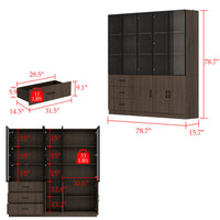 Geyma 78.7" Modern Brown Display Case with LED Lights & 4 Tempered Glass Doors