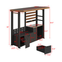 Dimensions of a black and brown desk with shelves and drawers on a white background
