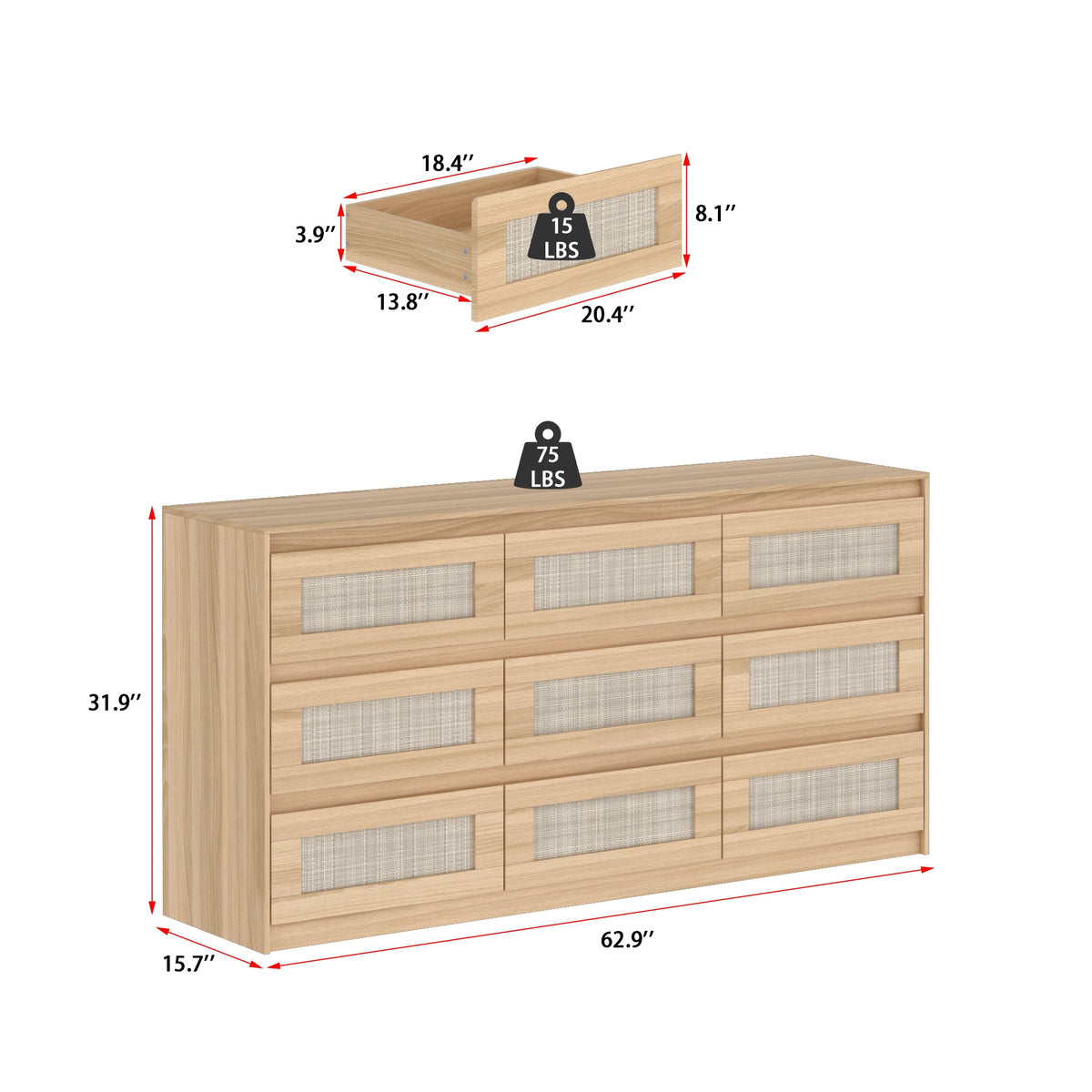 62.9" Modern Country Natural Medium Wood Dresser With 9 Pull-out Drawers