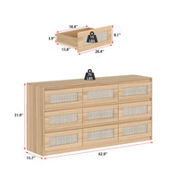 62.9" Modern Country Natural Medium Wood Dresser With 9 Pull-out Drawers