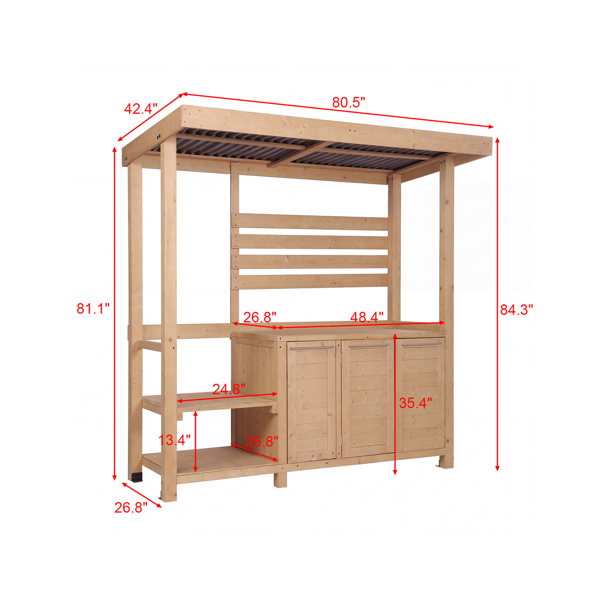 Wooden kitchen island with dimensions marked on a white background