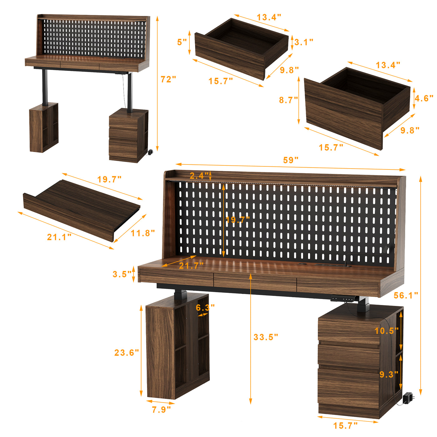 59" Walnut Wood Electric Height Adjustable Standing Desk with Pegboard, Power Strip, Keyboard Tray, 3 Drawers and Open Storage Shelves