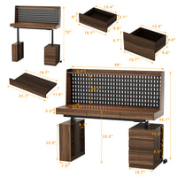 59" Walnut Wood Electric Height Adjustable Standing Desk with Pegboard, Power Strip, Keyboard Tray, 3 Drawers and Open Storage Shelves