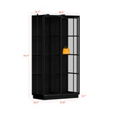 Black display cabinet with glass doors and LED lighting