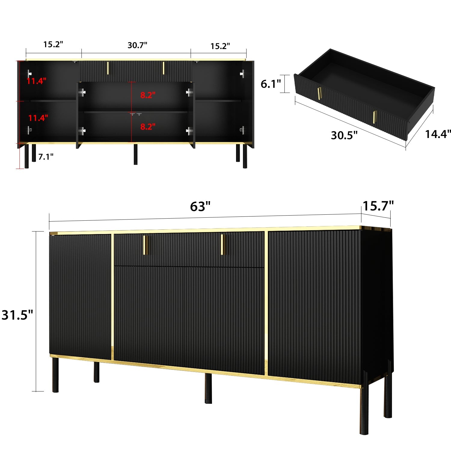 Wide Sideboard Buffet Storage Cabinet in Black with Drawer & Pop-up Doors