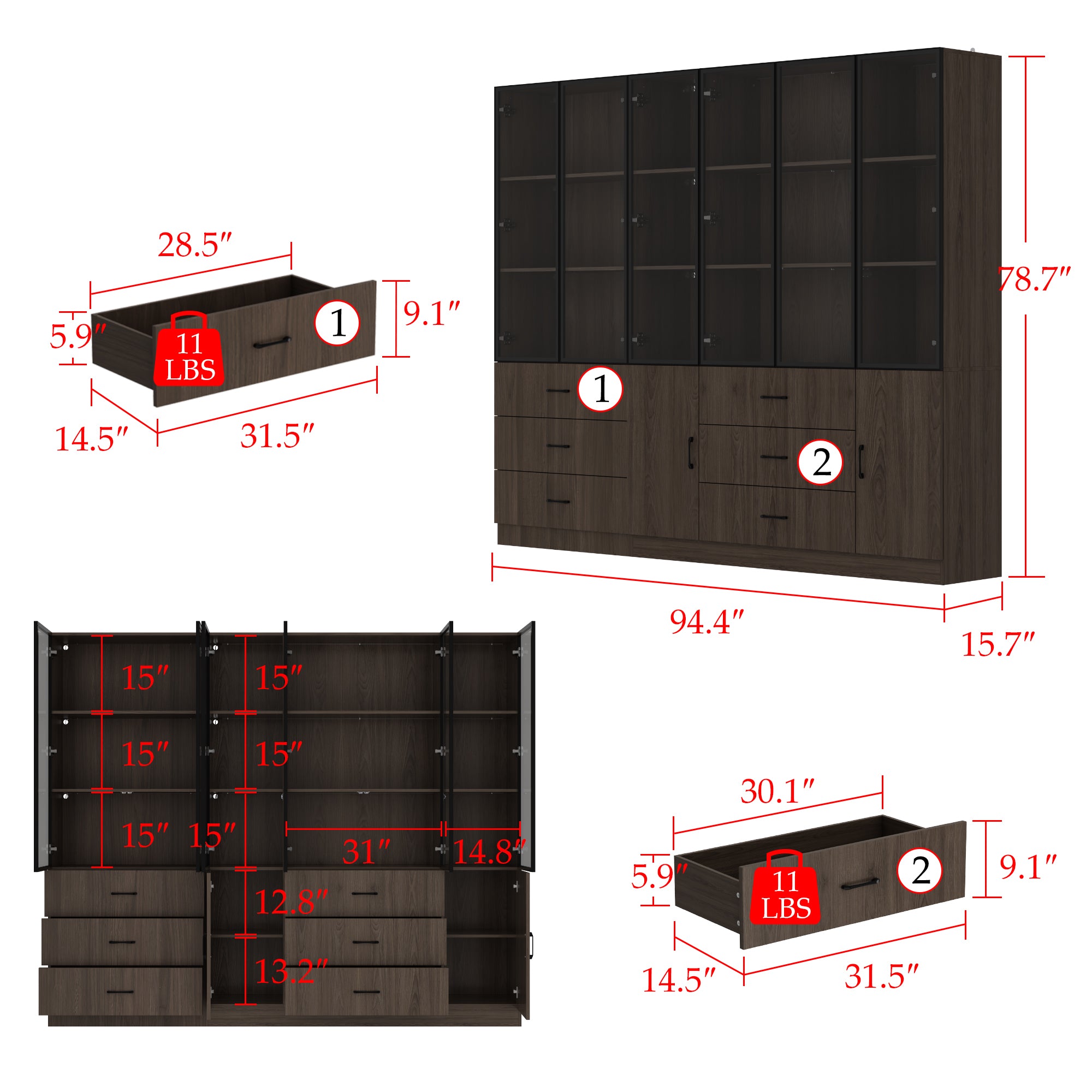 94.4" Wide Glass Door & LED Lights Display Case Curio Cabinet