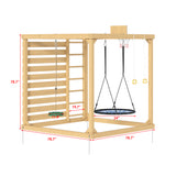 Wooden play structure with measurements on a white background