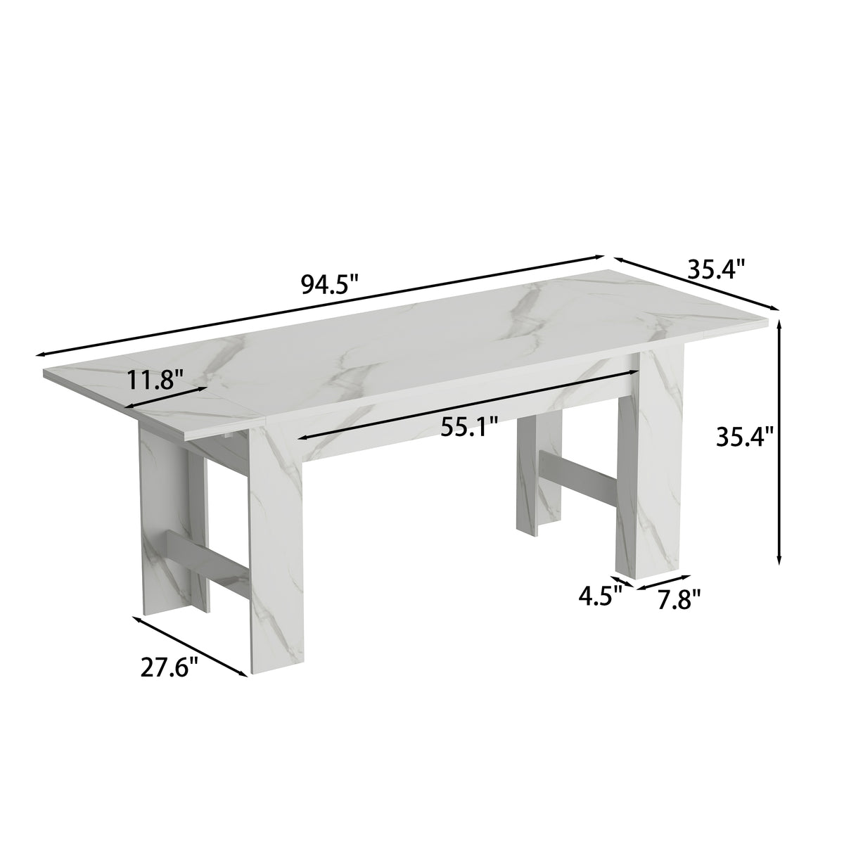 94.5" Modern White Dining Table with 2 Built-in Leaves