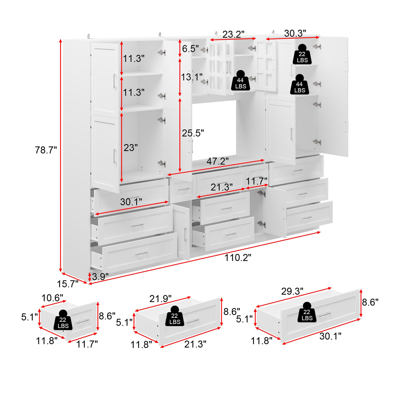110.2" Modern White Bookcase with 11 Drawers and Glass Doors