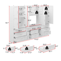 110.2" Modern White Bookcase with 11 Drawers and Glass Doors